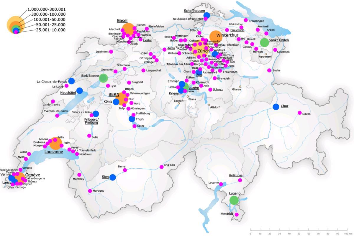 schweiz kort med større byer